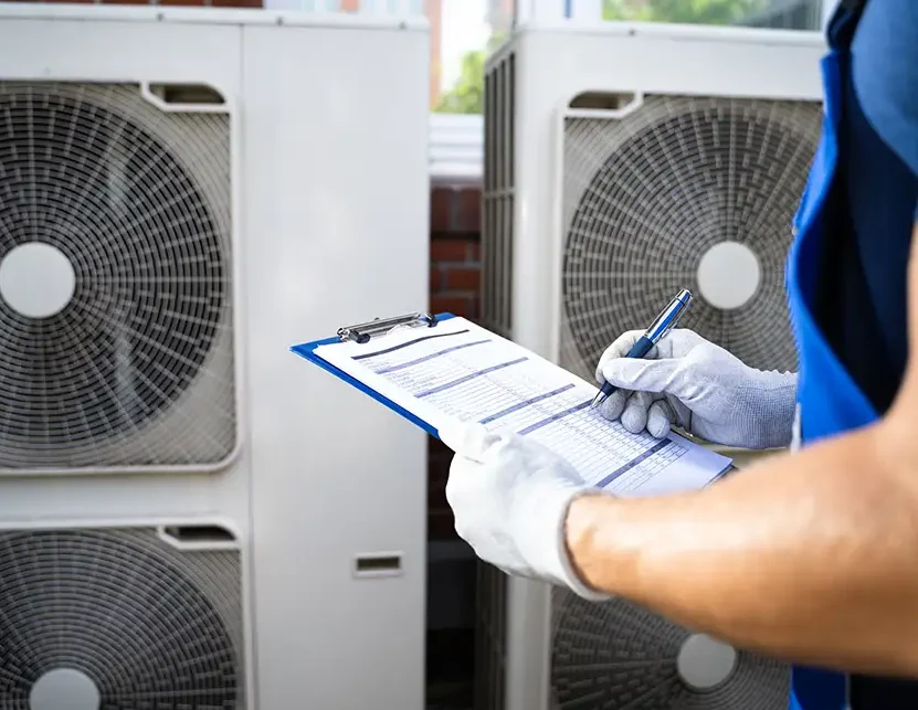 A Precision Climate Control technician in St. Charles, MO inspects multiple outdoor AC condenser units while completing a checklist on a blue clipboard