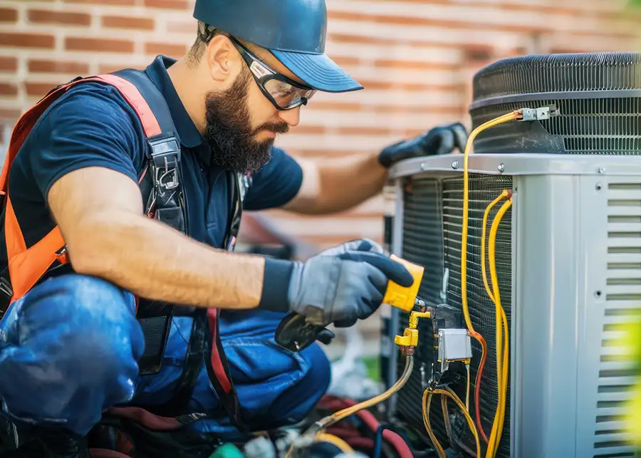 A bearded Precision Climate Control HVAC technician in St. Charles, MO crouches beside an outdoor AC unit, checking refrigerant lines with gauge hoses