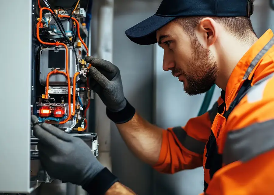 A Precision Climate Control technician in an orange safety jacket carefully services the internal components of a furnace system in St. Charles, MO