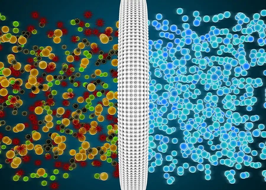 A microscopic rendering illustrating air filtration — dirty air particles on the left being filtered into clean purified air on the right, representing Precision Climate Control's indoor air quality services in St. Charles, MO