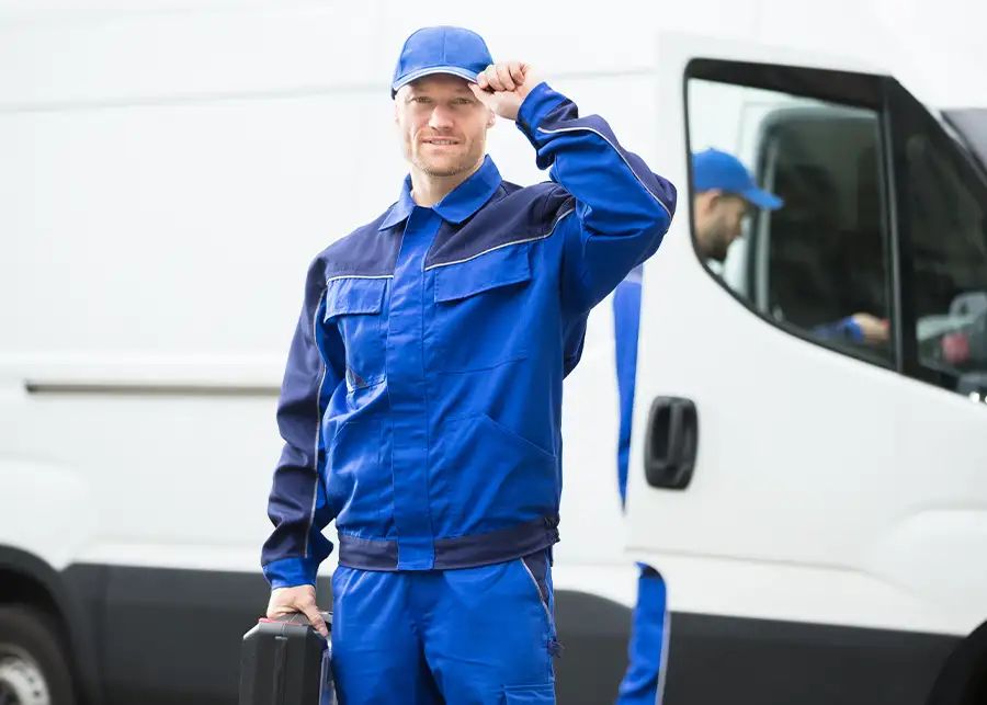 A friendly Precision Climate Control HVAC technician in a blue uniform tips his cap beside a service van in St. Charles, MO