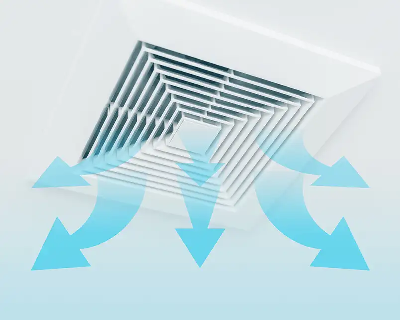 A ceiling HVAC vent with blue airflow arrows radiating outward in all directions, representing Precision Climate Control's whole-home ventilation and air distribution services in St. Charles, MO