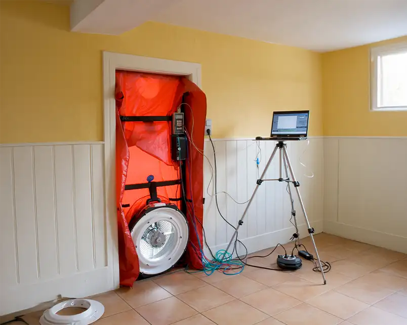 A blower door test setup with an orange inflatable frame and fan mounted in a doorway, connected to a laptop on a tripod, used by Precision Climate Control to assess home air leakage in St. Charles, MO