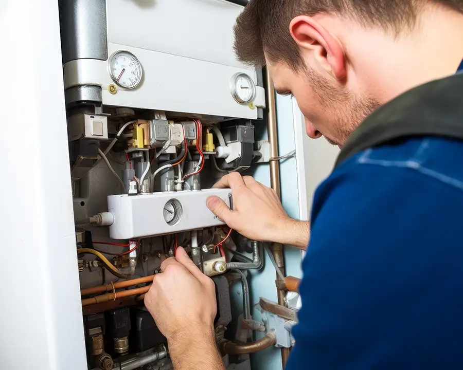 A Precision Climate Control technician in a blue uniform performs Combustion Analysis & Safety Testing to the internal valves, wiring, and gauges of a residential furnace in St. Charles, MO