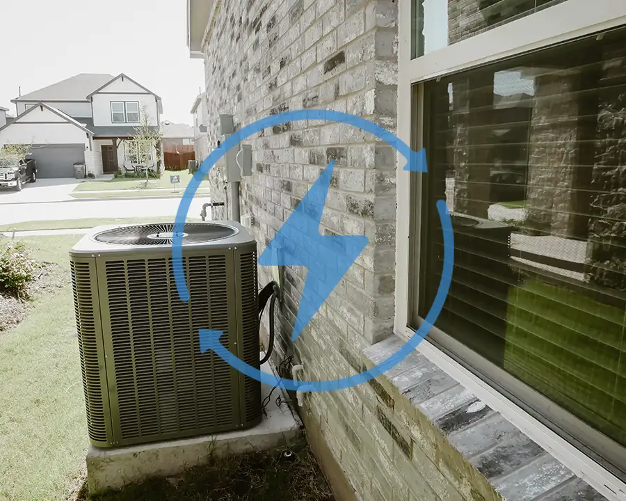 A residential AC condenser unit beside a brick home with a blue circular energy efficiency icon overlaid, representing Precision Climate Control's energy-saving HVAC solutions in St. Charles, MO
