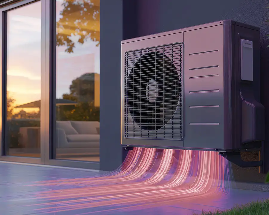A digital rendering of a dark modern heat pump outdoor unit mounted on an exterior wall at dusk, with glowing red heat energy lines flowing inward, illustrating heat pump energy efficiency technology available from Precision Climate Control in St. Charles, MO